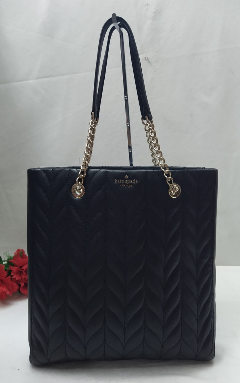 Kate Spade New York Black Leather Quilted Chain Straps Tote Bag